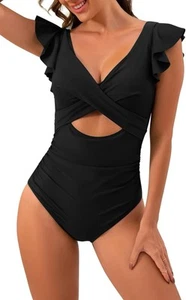 Women's One Piece Swimsuit Ruffle Cutout Bathing Suits Slimming Tummy Contro M - Picture 1 of 5