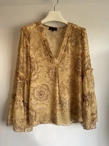 Hale Bob Tunic Size Large Beige Gold Silk Chiffon Print Fluted Sleeves - Picture 1 of 8