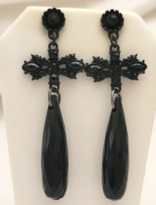 Black Rhinestones Teardrop Dangle Drop Long Earrings 2.75" L - Picture 1 of 7