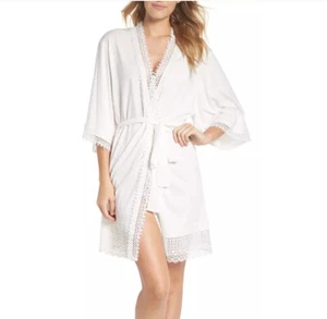 NWT Flora Nikrooz Womens Edie Cotton Lace Knit Short Wrap Robe S White MSRP $88 - Picture 1 of 12