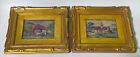 Pair Antique Micro Petit Point Needlepoint Framed Landscapes Houses European