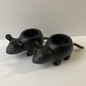 Pair of Fun Modern Metal Black Mouse Rat Tea Light Candle Holders Halloween - Picture 1 of 9