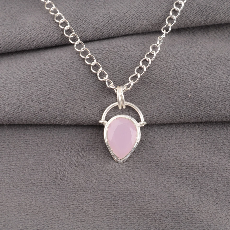 Elegante colgante de joyería de plata de ley 925 con piedras preciosas de calcedonia rosa para mujer Foto 1 de 1