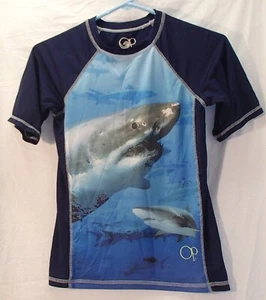 Op Ocean Pacific Sharks Blue Short Sleeve Rash guard Swim T-Shirt Kids M 10-12 - Picture 1 of 3