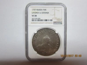 Rare Russia 1757 Livonia Estonia & Elizabeth 96 Copecks NGC VF 30 - Picture 1 of 8