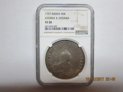 Rare Russia 1757 Livonia Estonia & Elizabeth 96 Copecks NGC VF 30 - Image 1 of 4