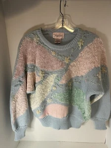 VTG 80s Jaclyn Smith pastel blue pink knit cottagecore sweater pearls S acrylic - Picture 1 of 5