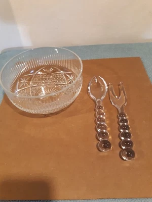 Tenedor y cuchara para ensalada transparente Candlewick vintage Imperial Glass Co. con ensaladera Foto 1 de 4