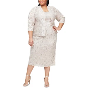 SLNY Womens Beige Lace Midi 2PC Cocktail And Party Dress Plus 18W BHFO 3247 - Picture 1 of 3