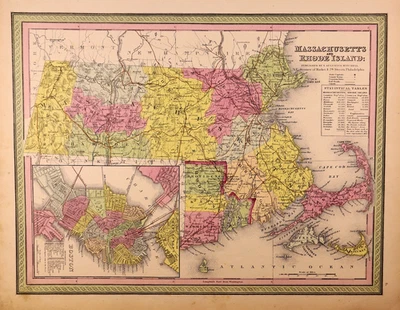 *Mapa de 1851 ~ Massachusetts - Rhode Island por Mitchell / Cowperthwait (14x17) - Imagem 1 de 3