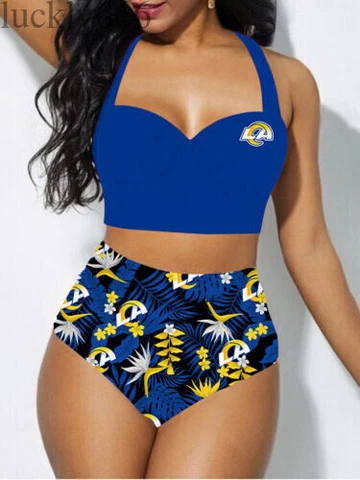 Los Angeles Rams Women's 2PCS Bikini Set Push Up Swimsuit Beach Halter Swimwear Cover