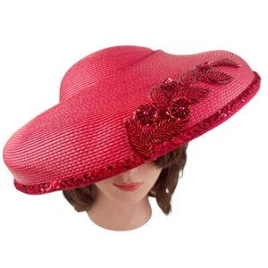 Vintage Bellini Hut rot asymmetrisch Kentucky Derby Kirche Pailletten Perlen Blume - Bild 1 von 19