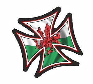 Iron Cross & Gallese Cymru Bandiera Retro Motociclista Vinile Auto Casco 95mm