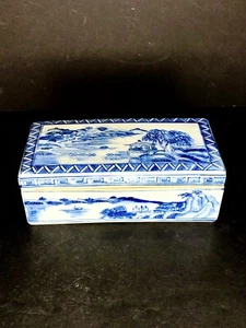 Chinese Lidded Trinket Jewelry Box Divided Blue & White Porcelain Ceramic Vtg - Picture 1 of 9