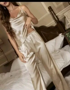 pajama set women Beige Imitated Silk Polyester - Picture 1 of 1