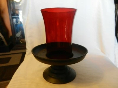 Red Glass & Black Metal Stand for Pillar Candle 10.75" Tall x 9" diameter - Image 1 of 4