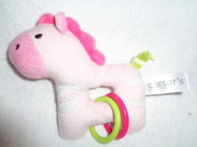 Zebra Pink Plush Carter's Baby Rattle 5" stuffed animal with hard plastic rings - Image 1 of 4