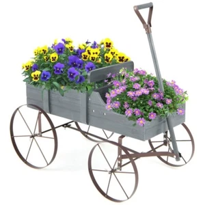 Wooden Wagon Raised Plant Bed Patio Garden Yard Flower Cart W/ Metal Wheels Gray - Picture 1 of 11