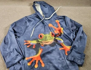 Funny Red Tree Frog  blue pull over hoodie size large - Picture 1 of 12