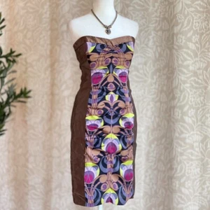 Y2K Nicole Miller Silk Strapless Dress Art Nouveau Psychedellic Cocktail Size 2 - Picture 1 of 13