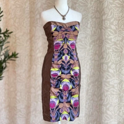 Y2K Nicole Miller Silk Strapless Dress Art Nouveau Psychedellic Cocktail Size 2 - Image 1 of 4