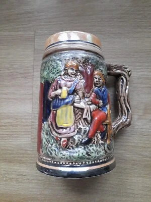  VINTAGE Keramik Bierkrug Handbemalt Mittelalter Szene Top 225 ML - Bild 1 von 4