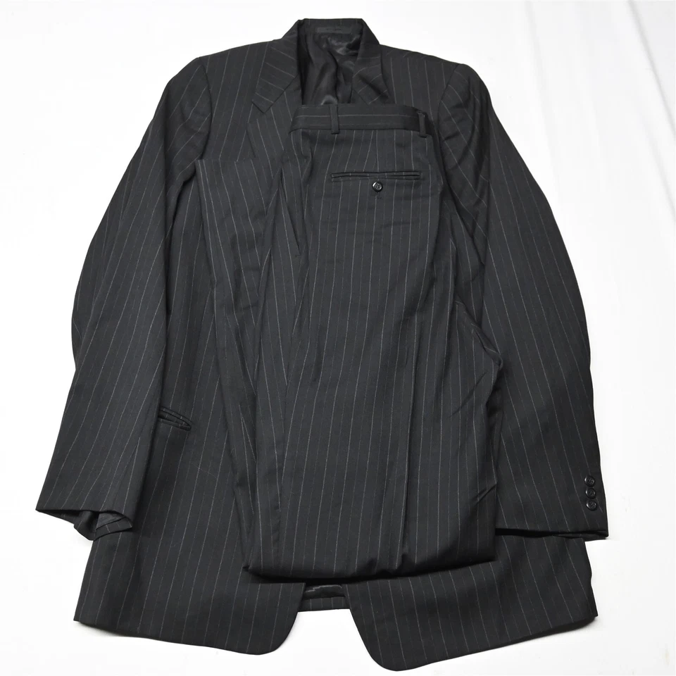 Jhane Barnes 42 X-Long 34x38 Black Chalk Stripe 100% Wool Mens Jacket Pants Suit - Image 1 of 4