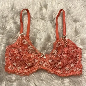 Adore Me 32DDD Bra Coral Floral Lace Full Coverage Unlined Underwire Back Close - Picture 1 of 7