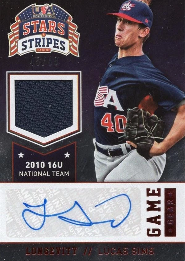 Lucas Sims signed relic jersey patch Baseball Card 2015 Panini Stars Stripes #64 - Image 1 of 1