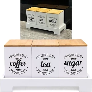 Retro White Wooden Tea Coffee Sugar 3 Piece Storage Set with Stand & Bamboo Lids - Picture 1 of 11