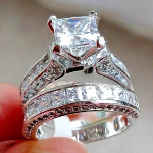 4.87ct Princess D/VVS1 MOISSANITE Engagement Ring Wedding Band 14k White Gold - Picture 1 of 10