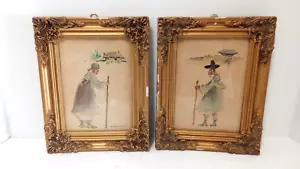 Vintage Korean Watercolor Painting Pair Elderly Man Woman Framed Artist Signed - Picture 1 of 13