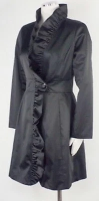 *Usado UNA VEZ* WHITE HOUSE BLACK MARKET Gabardina satinada frontal con volantes NEGRA Talla 8 Foto 1 de 4