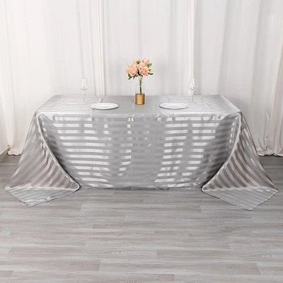 90"x132" SILVER Stripes Satin Rectangular TABLECLOTH Table Linen Party Event - Image 1 of 4