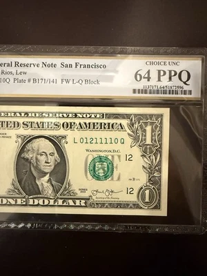 2013 $1 Dollar Bill True Trinary  4 in  Row5ofkindPCGS 64PPQ UNC L01211110Q   71 - Image 1 of 4