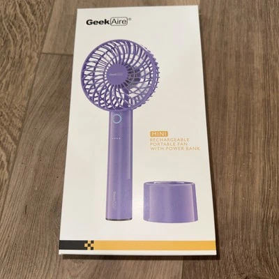 Mini ventilador portátil recargable Geek Aire + banco de energía 6 aspas 5 velocidades púrpura-NUEVO EN CAJA Foto 1 de 4