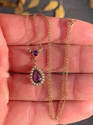 Collar Colgante Oro 9ct Semilla Amatista Perla Pera Gota Victoriano Años 1890 Foto 1 de 4