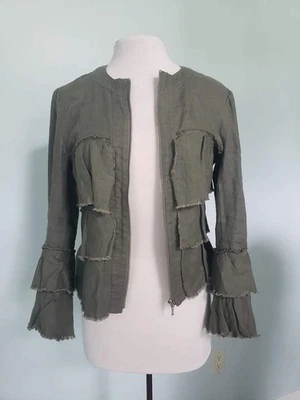 Chaqueta INC International Concepts S Volantes en Niveles Cremallera Completa Verde 100% Lino Boho Foto 1 de 4