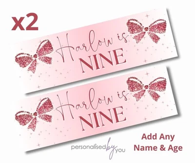 MADVINYL 2x Personalised PINK Sparkle BOW Happy Birthday Banner LARGE Poster ANY TEXT