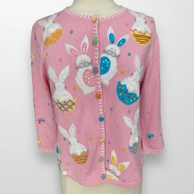 Jack B. Cárdigan con cuentas de huevos de Pascua de conejito mediano vintage rápido para mujer Foto 1 de 4