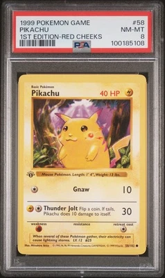 PSA 8 Pikachu 58/102 1st Edition Shadowless Base Set Red Cheeks Pokemon Card - Image 1 of 2