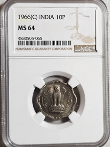 India 10 Paise 1966C NGC MS 64 - Picture 1 of 2