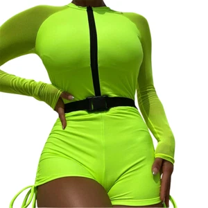 One Piece Swimsuit Women Shorts High Neck Long Sleeve Female Swimwear With Belt - Picture 1 of 10