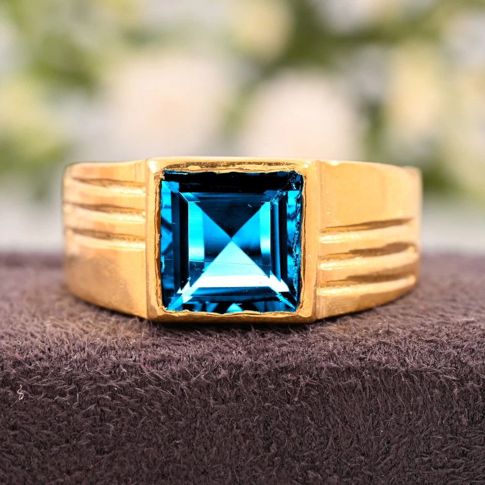 14K Solid Yellow Gold Men's Ring, Natural Blue Topaz Faceted Gemstone Gift Ring. - Image 1 of 3
