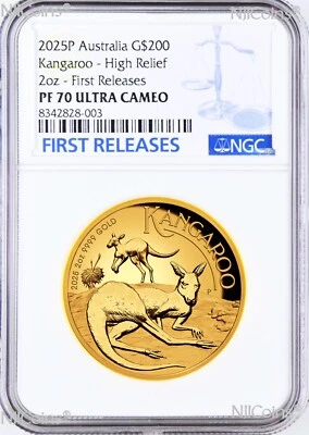 2025 Australian High Relief Proof Kangaroo $200 NGC PF70 .9999 2oz GOLD Coin FR - Image 1 of 4