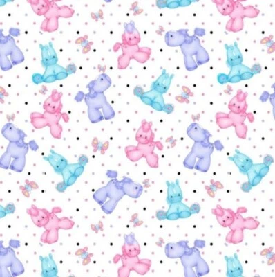 Ponis y mariposas multicolores sobre tela de franela de algodón blanco por yarda Foto 1 de 3