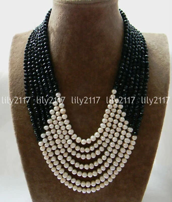 7 Rows 6-7mm White Freshwater Pearl 6mm Faceted Black Agate Necklaces 19-25'' - Image 1 of 3