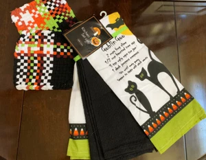 5 Piece Halloween Theme all Cotton Kitchen Towels and Loom Handwoven Potholders - Picture 1 of 9
