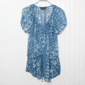 Karen Kane Blue Short Sleeve Tie Waist Pockets VNeck Button Silk Tissue Tunic Lg - Bild 1 von 11