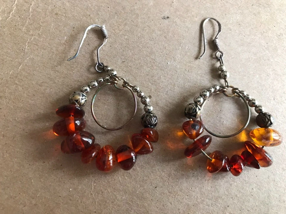 Amber and Sterling Silver Bead Hoop Earrings — 第 1/1 张图片